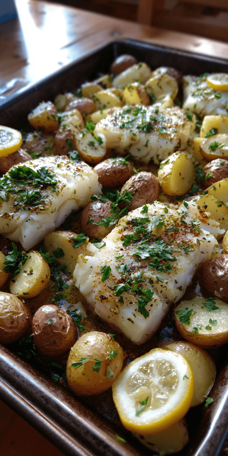 Sheet Pan Lemon Cod & Potatoes served warm with cozy spices