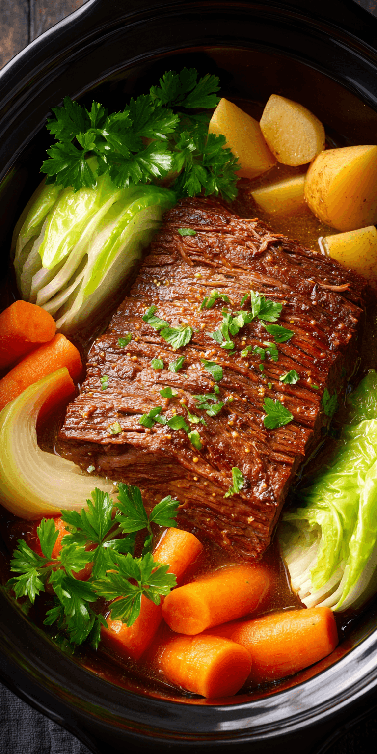 Slow Cooker Honey Mustard Corned Beef served warm with cozy spices