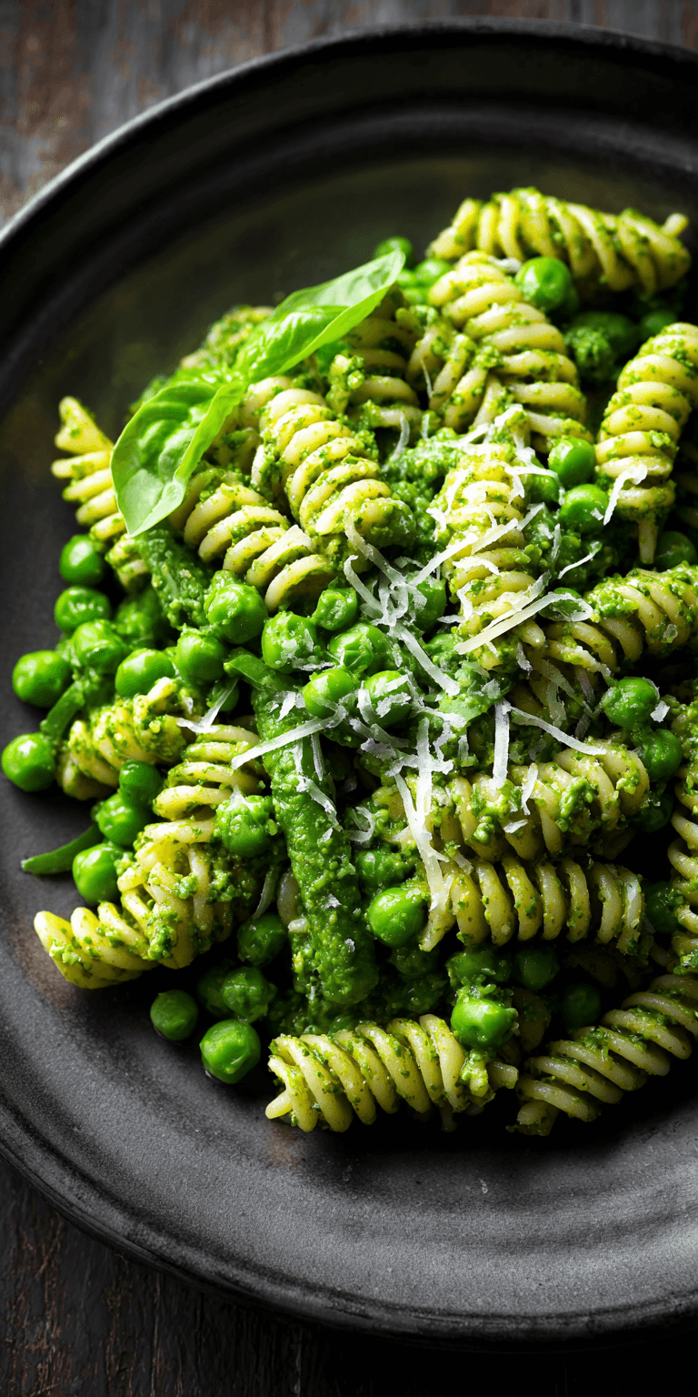Spring Green Pesto Pasta with Peas served warm with cozy spices