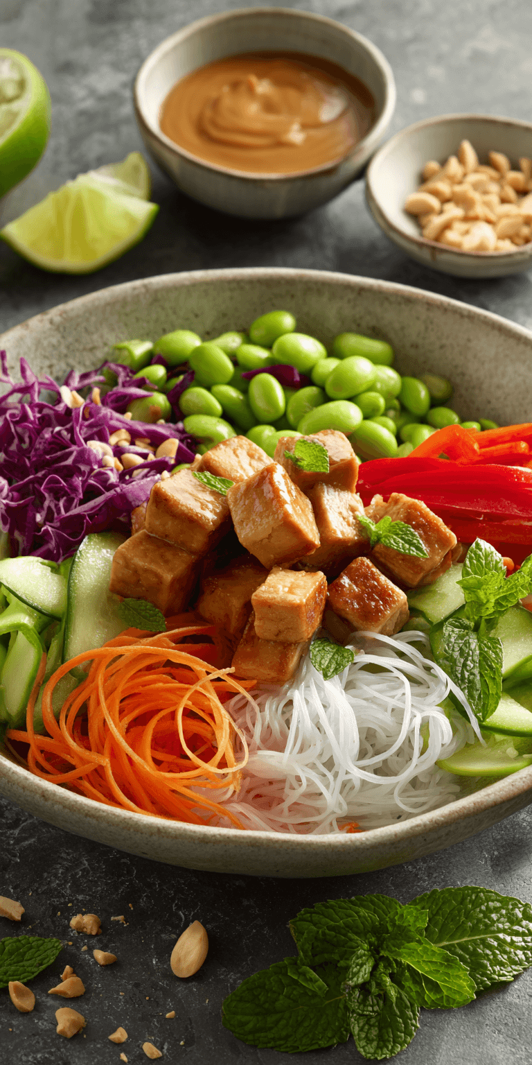 Spring Roll Salad with Peanut Dressing served warm with cozy spices