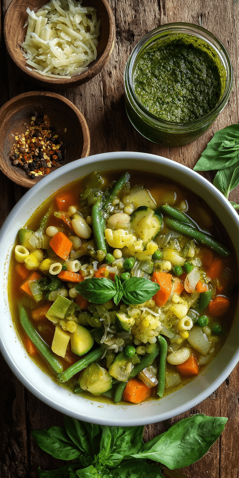 Spring Vegetable & Pesto Minestrone served warm with cozy spices