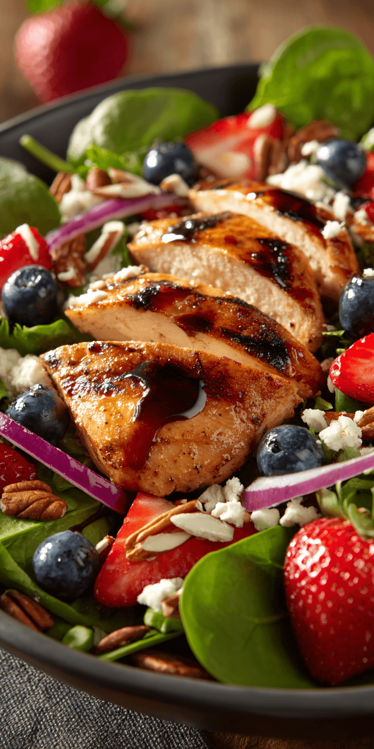 Strawberry Balsamic Grilled Chicken Salad served warm with cozy spices