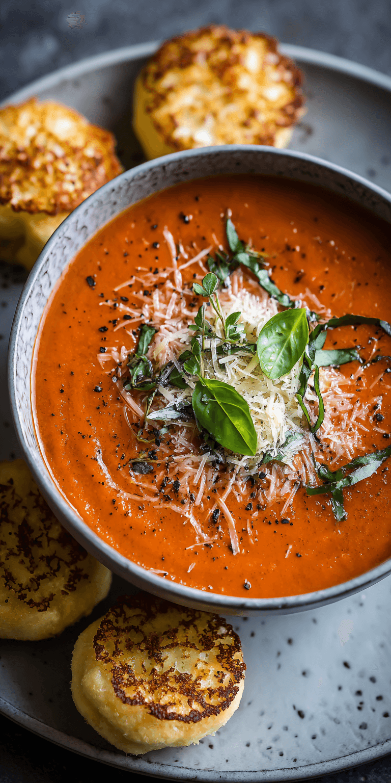 Tomato Basil Soup with Parmesan Crisps served warm with cozy spices