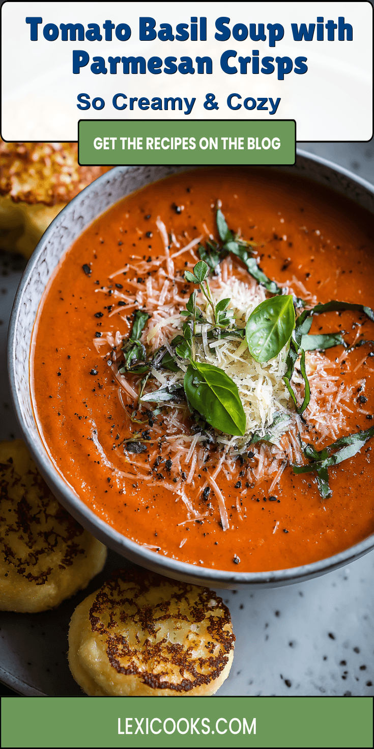 Tomato Basil Soup with Parmesan Crisps served warm with cozy spices