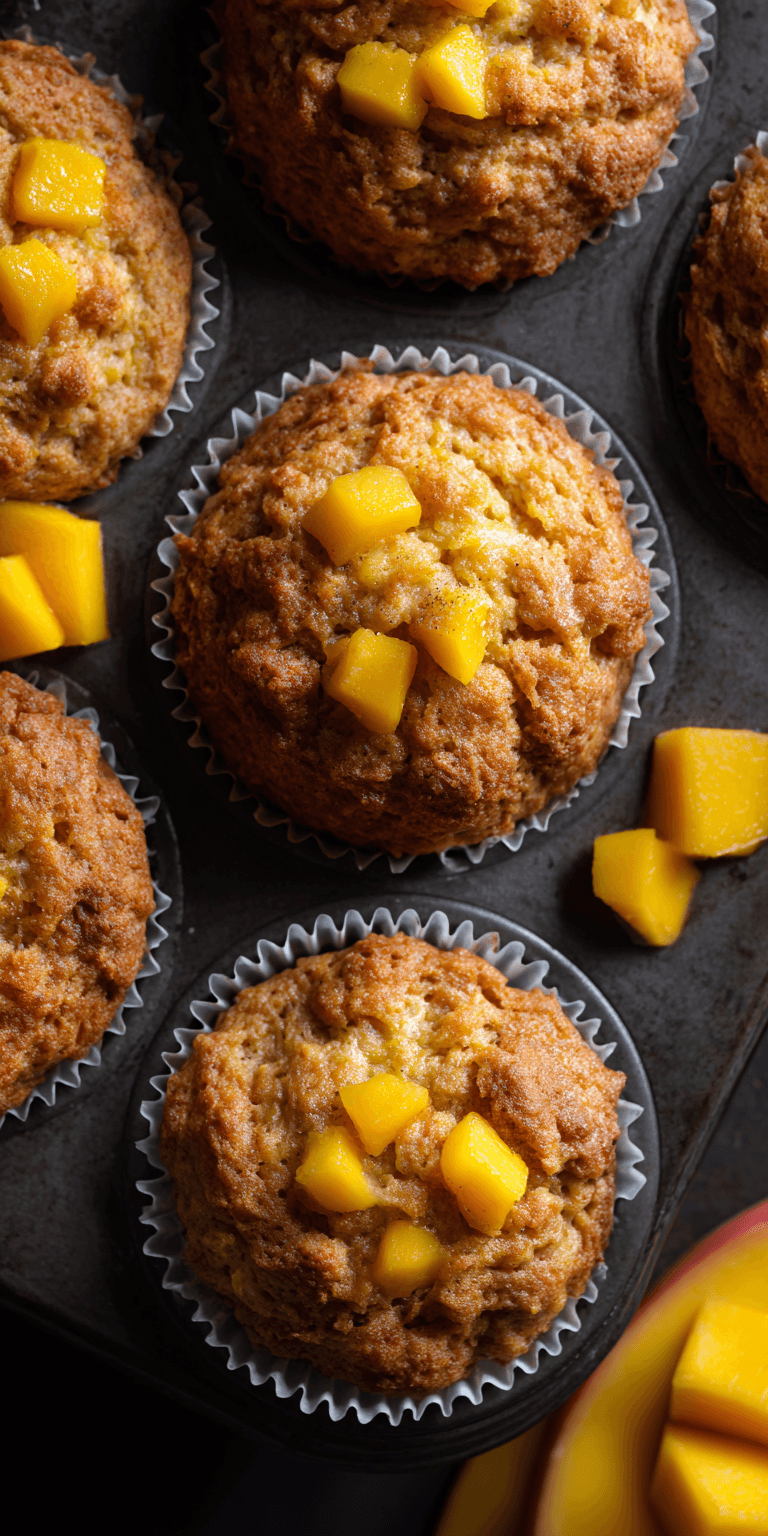 Tropical Mango Banana Muffins served warm with cozy spices