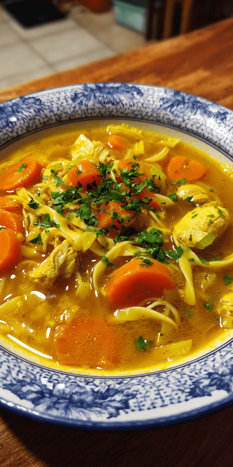 Turmeric Ginger Chicken Noodle Soup served warm with cozy spices