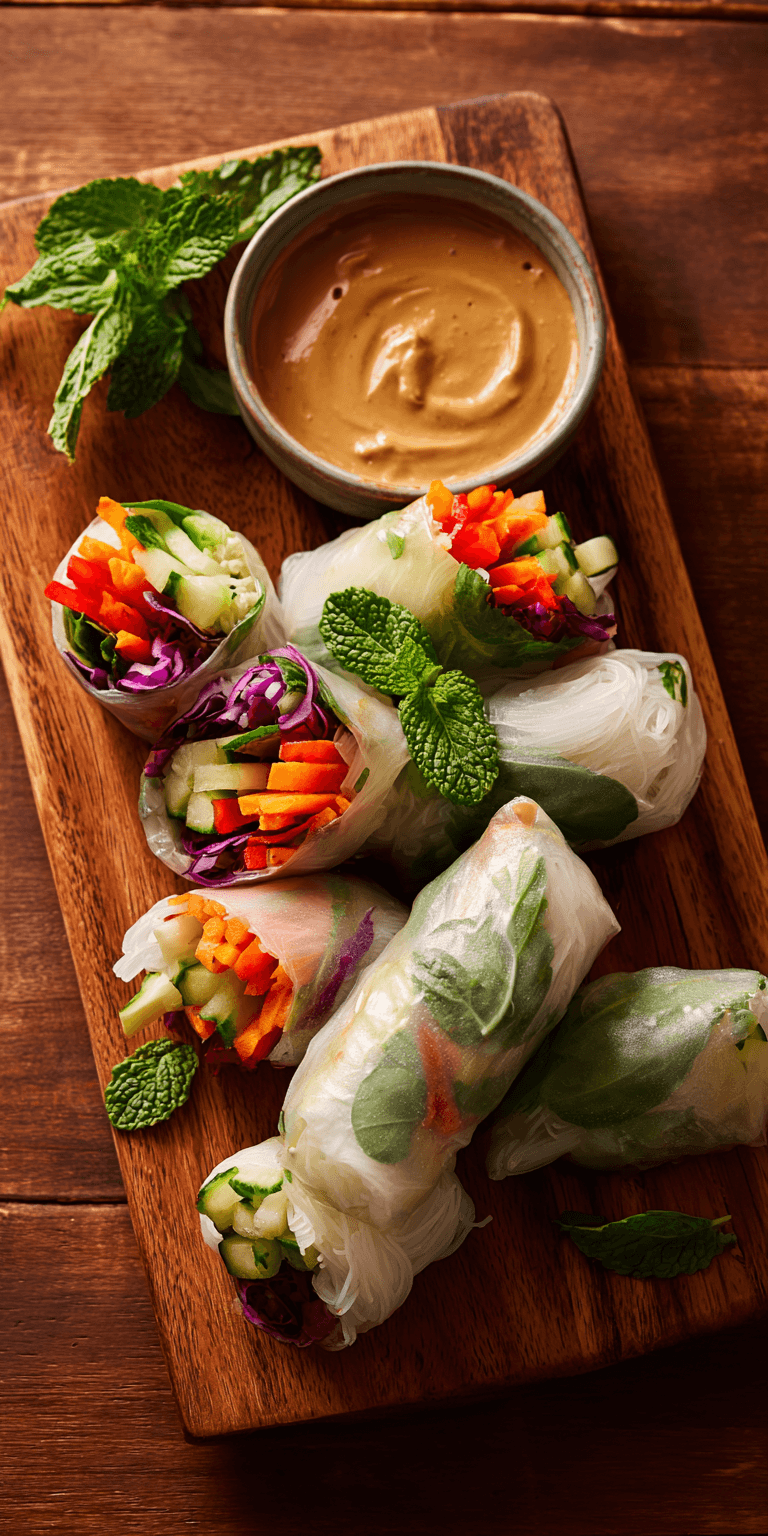 VEGETABLE SPRING ROLLS WITH PEANUT SAUCE served warm with cozy spices