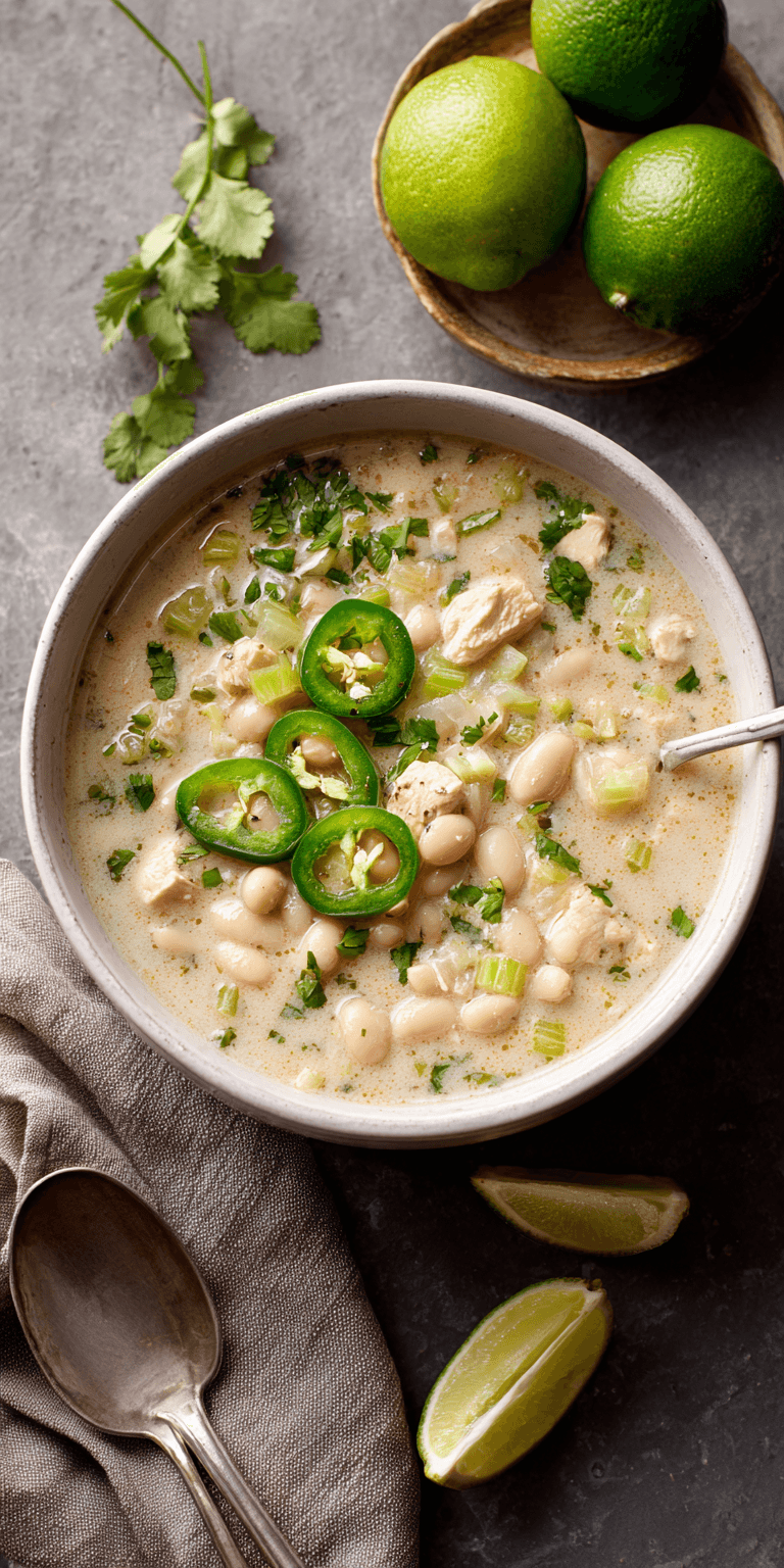 White Chicken Chili with Lime served warm with cozy spices