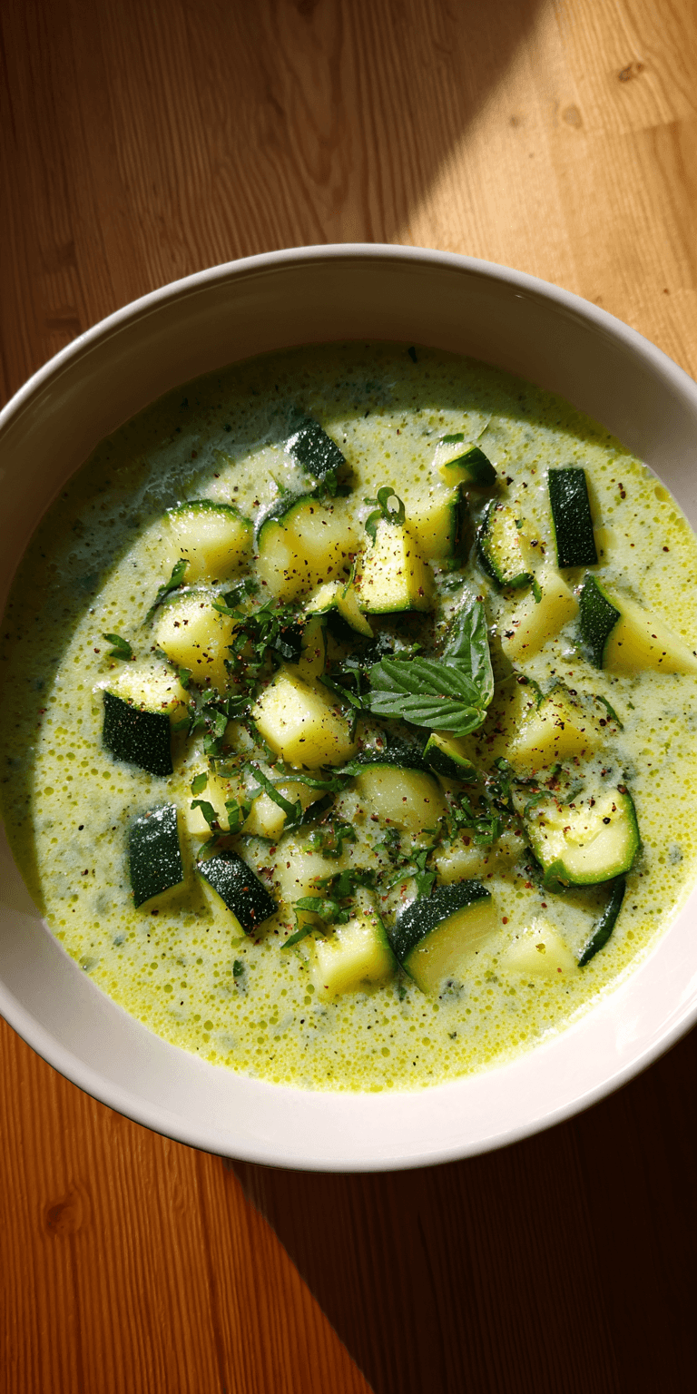 Zucchini & Basil Soup served warm with cozy spices