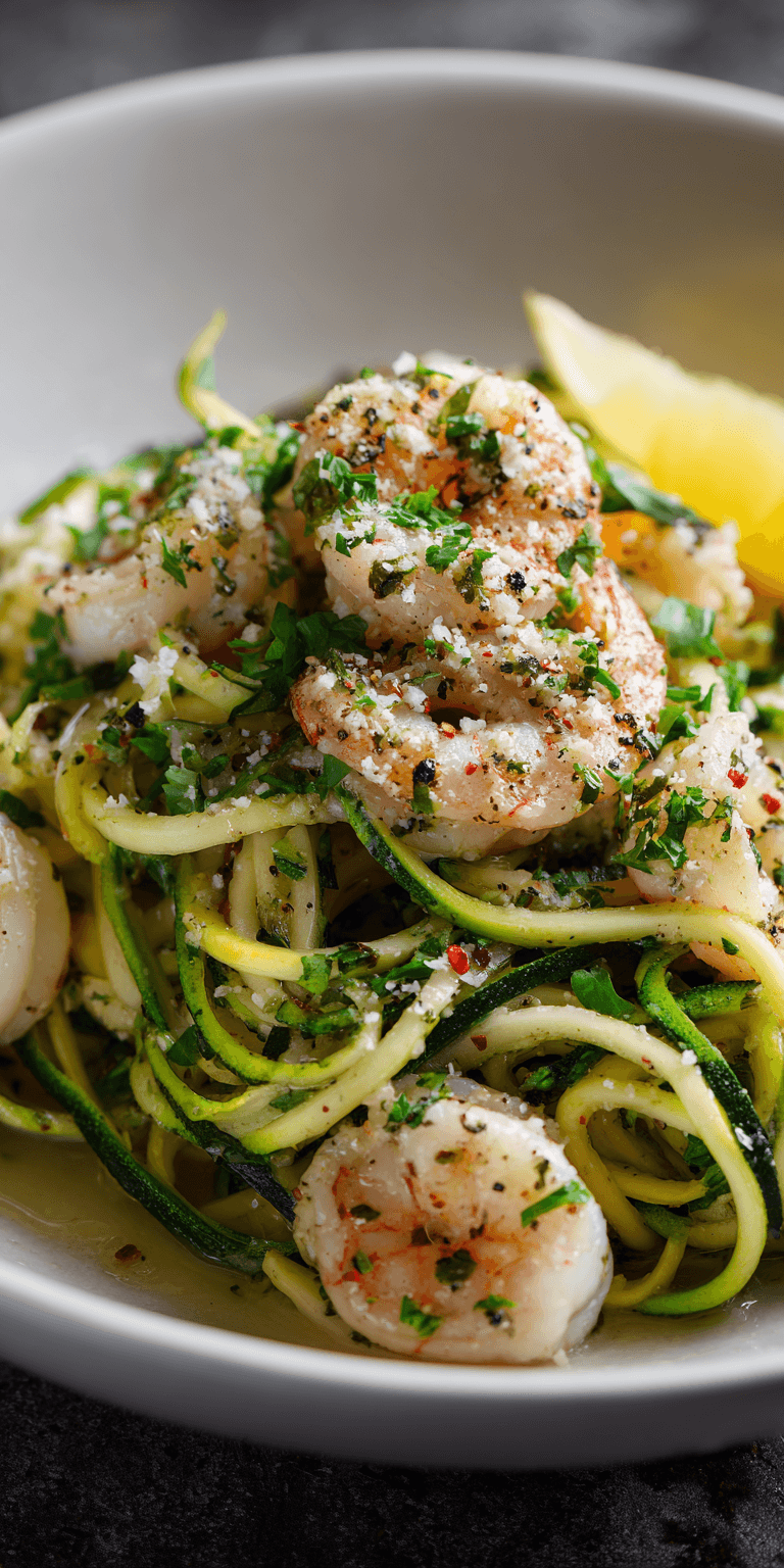 Zucchini Noodle Pasta with Lemon Garlic Shrimp served warm with cozy spices