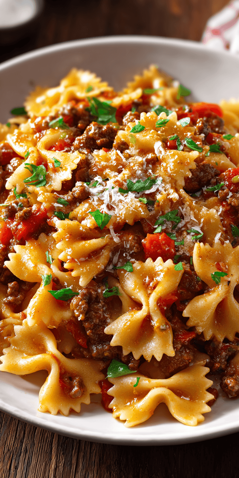Bowtie Pasta with Ground Beef served warm with cozy spices