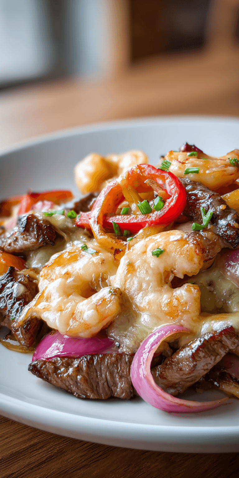 Cheesy Steak & Shrimp Skillet Bowl served warm with cozy spices