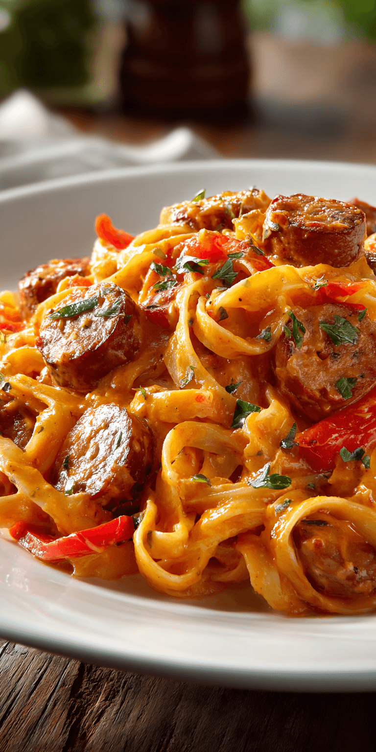 Creamy Cajun Sausage Pasta served warm with cozy spices