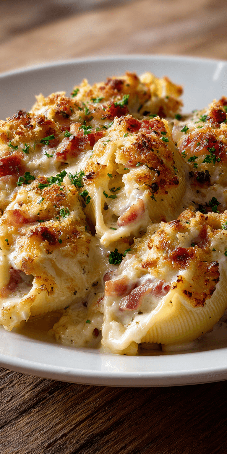 Creamy Loaded Bacon Mac and Cheese Stuffed Shells Delight! served warm with cozy spices