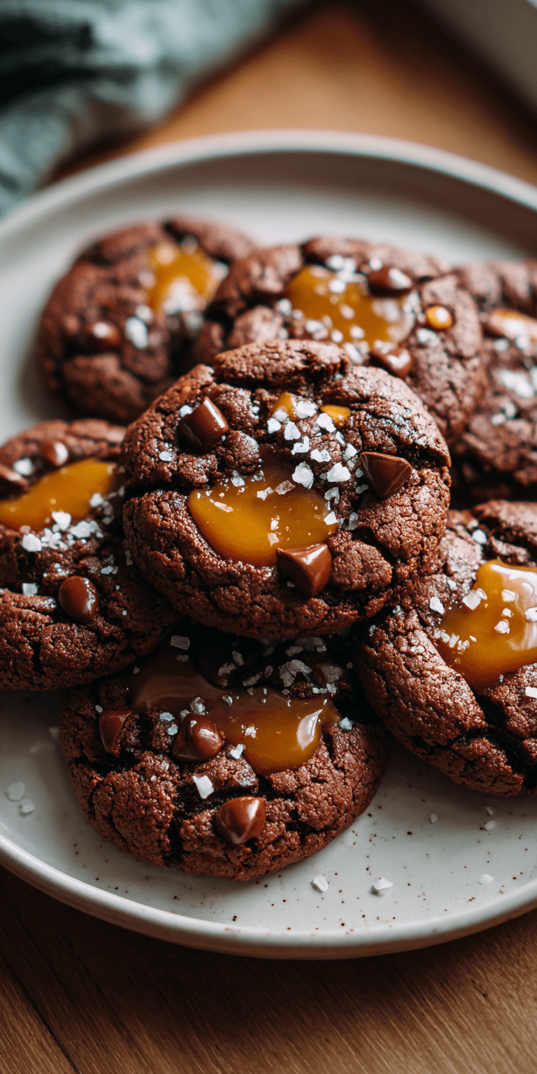 Double Chocolate Salted Caramel Cookies served warm with cozy spices