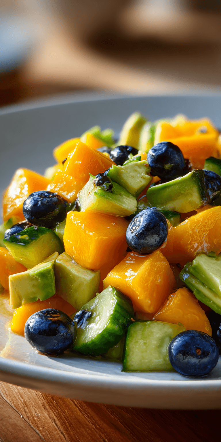 Mango Cucumber Salad with Blueberries and Avocado served warm with cozy spices