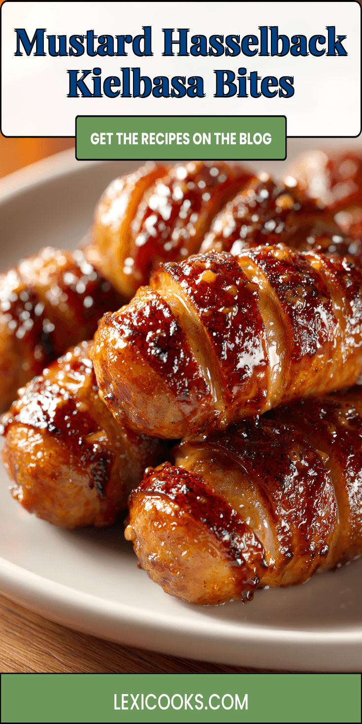 Mustard Hasselback Kielbasa Bites served warm with cozy spices