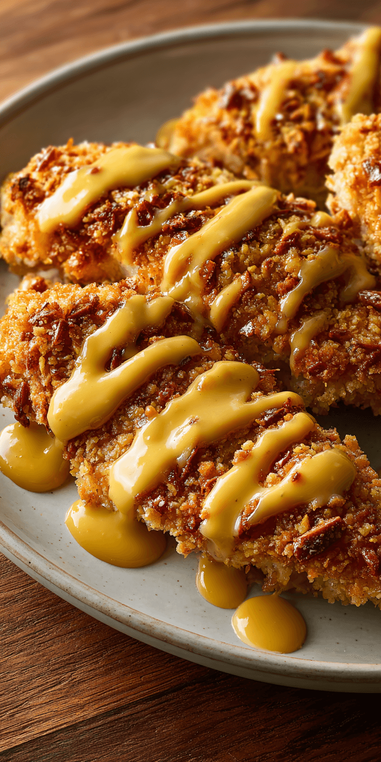 Pretzel-Crusted Chicken with Creamy Mustard Cheddar Sauce served warm with cozy spices